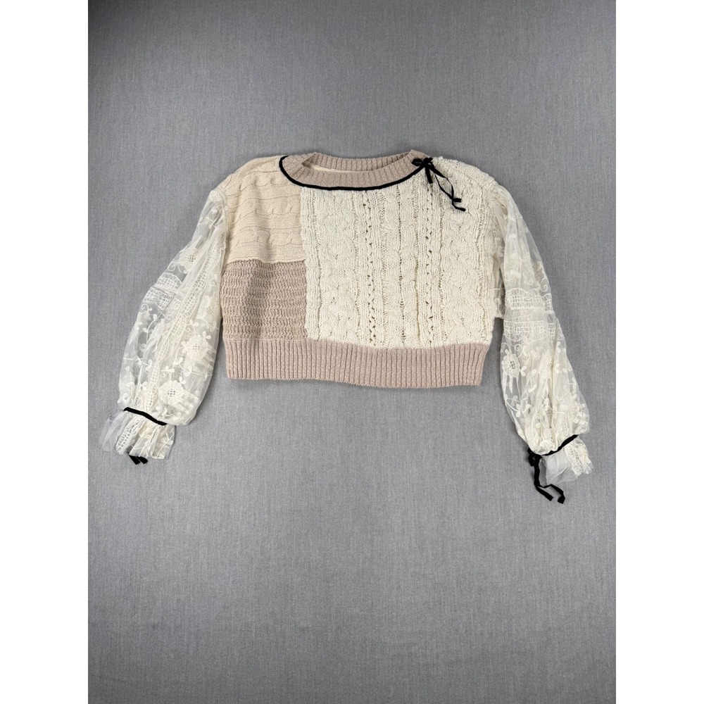 By Anthropologie Lace Cable Twofer Sweater Neutral Patchwork XS NEW